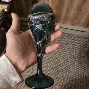 Vintage Mid Century Elegant Green Goblet with Silver Accents